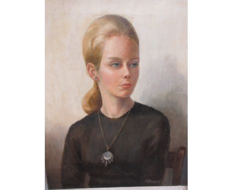 Margot Russell, oil on canvas, portrait of a blonde woman, 24ins x 20ins and a charcoal and chalk sketch by the same artist, 
