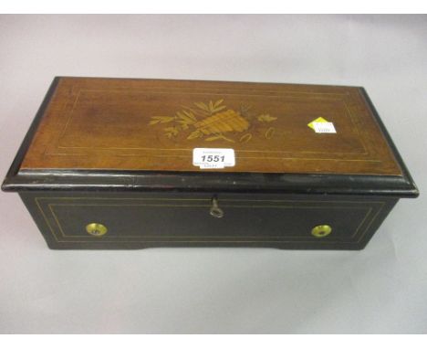 Small 19th Century Swiss simulated rosewood and marquetry cased musical box, the 6in cylinder with lever wind movement and on