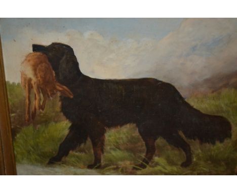 After John Deiker, oil on print base, portrait of a retriever, ornate gilt framed, 8ins x 10ins
