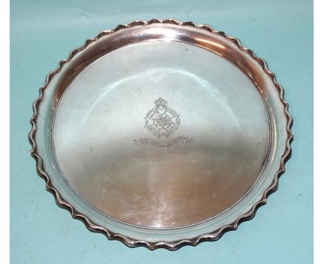 An Egyptian silver salver with wavy rim, centrally-inscribed with Royal Army Chaplains Department and crest 90 mark, date cod