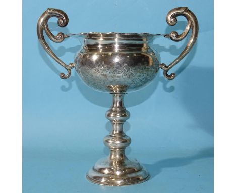 A Chinese white metal trophy cup "Snooker Championship, Hong Kong........", with wavy rim, scroll handles and knopped stem, 2
