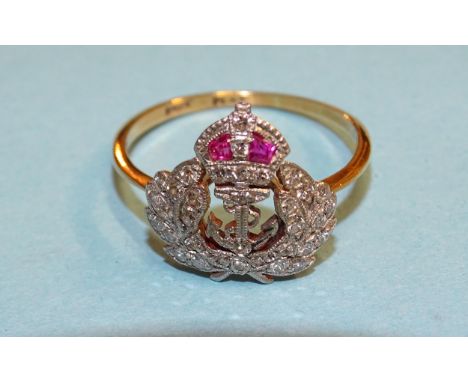 An Edwardian diamond and ruby-set Royal Navy sweetheart ring set two rubies and 8/8-cut diamond points, in 18ct yellow gold a