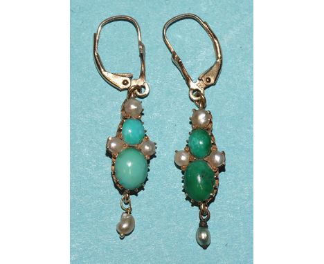 A pair of turquoise and pearl cluster drop earrings on 375-gold pierced ear fittings, 40mm long, 4.2g, (turquoise on one earr