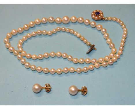 A string of graduated cultured pearls with 9ct gold clasp set sapphire, (untested) and pearl cluster, 47cm long and a pair of