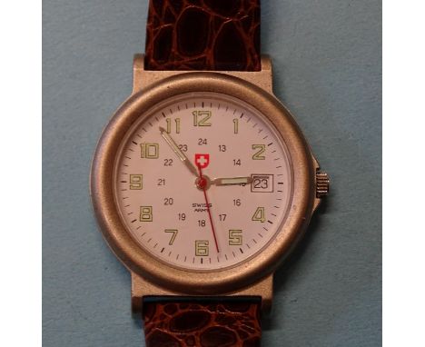 A gent's Swiss Army wrist watch, the white dial with Arabic numerals and date aperture, Ronda movement and steel case, 34mm, 