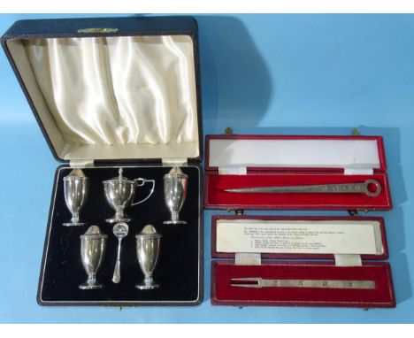 A five-piece silver cruet set, Birmingham 1939, in case, total weight ___6oz, a modern cased silver letter-opener, ___1.9oz, 