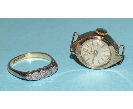 An 18ct gold and platinum ring set five graduated 8/8-cut diamonds, size K, 2g and a lady's Avia 9ct-gold-cased wrist watch, 