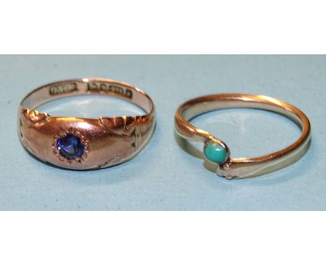 A small 19th century snake ring set turquoise, size K½, 1.4g, (unmarked) and a 9ct gold gipsy ring set blue stone, size O, 2g