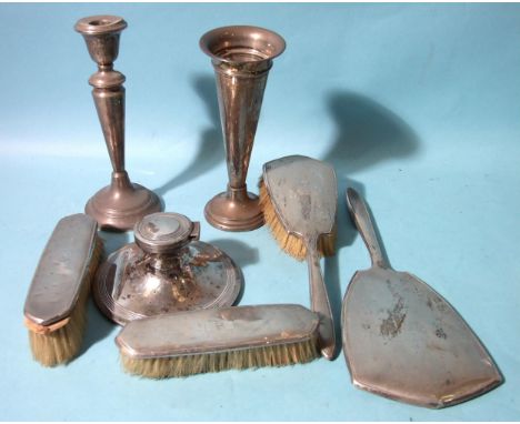 A loaded candlestick, a spill vase, capstan inkwell and various dressing table items, (all in need of attention). 