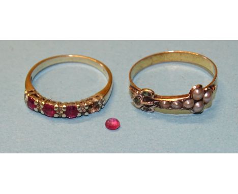 A small Victorian gold buckle ring set seed pearls, size N, 1.4g and a ruby half-hoop ring, (one ruby loose), 1.4g, (tests as