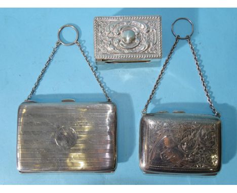 A lady's silver purse with etched decoration and monogram, on chain, 6 x 8cm, Birmingham 1920, a silver cased aide memoire wi