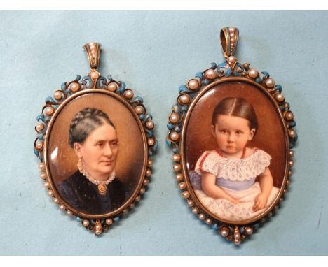 A pair of Victorian miniatures,&nbsp;grandmother and grand-daughter, in matching gold locket-back frames set demi-pearls with