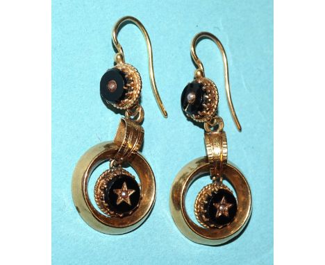 A pair of French yellow gold drop earrings, each with onyx and pearl rondel within a circular frame and suspended below anoth