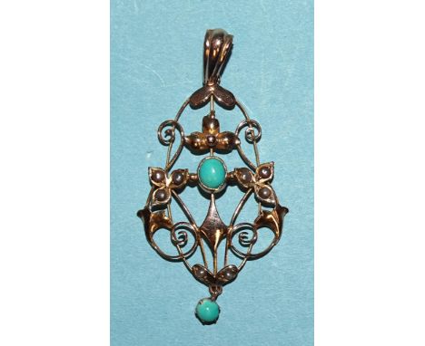 An Edwardian 9ct gold open-work pendant set turquoise and seed pearl, 45mm, 1.9g. 