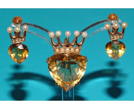 A 20th century citrine and pearl luckenbooth brooch/pendant claw-set a heart-shaped citrine below a crown with pearl terminal