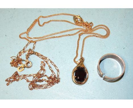 A 9ct white gold wedding band, size K, 3.9g, (sawn), a 9ct gold neck chain (a/f), 1.8g and a gold-mounted pendant on plated c