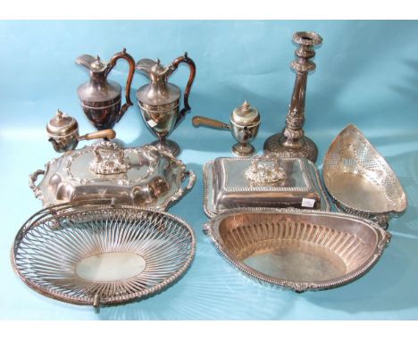 A collection of plated ware, comprising two entrée dishes and covers, three pierced baskets, a pair of hot water jugs, a pair