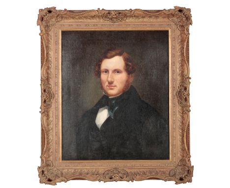 FRANCIS LANE (fl. 1864â€“1870) A portrait of T.S. Westlake depicted half-length, wearing a black overcoat and blue patterned 