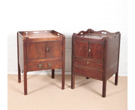 A GEORGE III MAHOGANY NIGHT COMMODEthe shaped gallery with handle cut-outs, enclosed by a pair of doors, single drawer below 