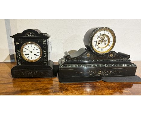 A VICTORIAN SLATE AND VERDE ANTICO MANTEL CLOCKthe eight day movement with an open escarpment enamel dial and Roman numerals,