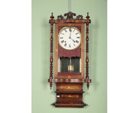 AN ANGLO-AMERICAN ROSEWOOD AND MARQUETRY WALL CLOCK19th century, the eight day movement striking on a bell, the enamel dial w