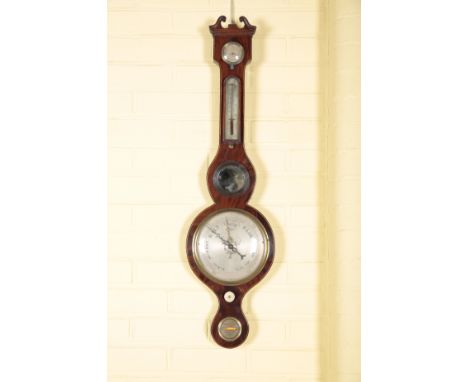 A LATE GEORGE III MAHOGANY AND BOXWOOD STRUNG BAROMETER BY CAMPONOVO, SUMMERS TOWN, OXFORD with a silvered dial, thermometer 