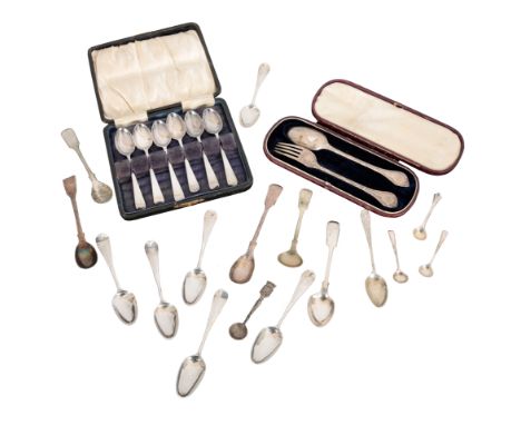 A VICTORIAN SILVER CHRISTENING FORK AND SPOON by George Adams, London 1856, with leaf wrapped terminals, the fitted Morocco l