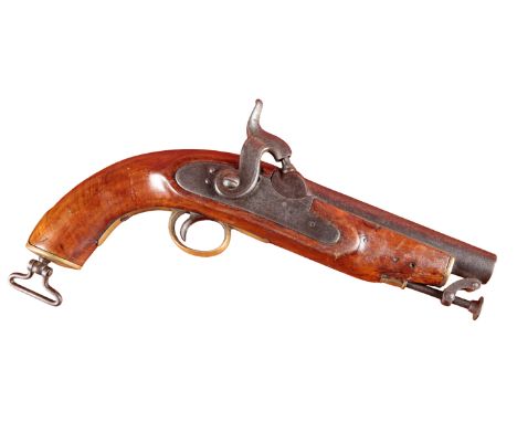 A CUSTOMS OFFICER'S PERCUSSION PISTOLcirca 1850, with brass trigger guard, swivel ramrod and walnut stock, stamped 22 to trig