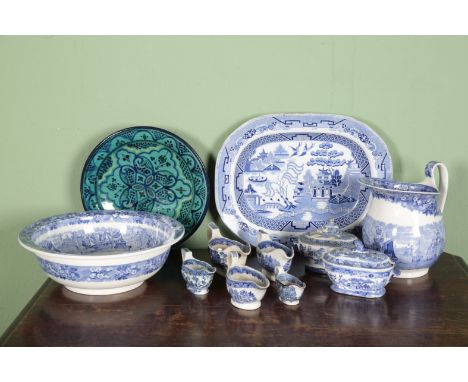 A LATE 19TH CENTURY BLUE AND WHITE WASH JUG AND BASINthe jug 24cm high, the basin 37cm diameter; together with a quantity of 