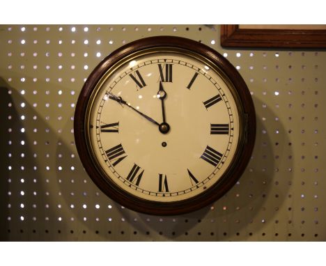 A SINGLE FUSEE MAHOGANY WALL CLOCKwith enamel dial and Roman numerals, 32cm diameter