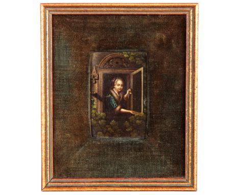 A MINIATURE PORTRAIT OF LADY LOOKING OUT OF AN OPEN WINDOW&nbsp;19th century, probably a lid from a lacquered box, 9cm long x