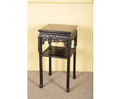 A CHINESE HARDWOOD JARDINIERE STANDthe square top inset with marble over a pierced and carved frieze, on square legs joined b