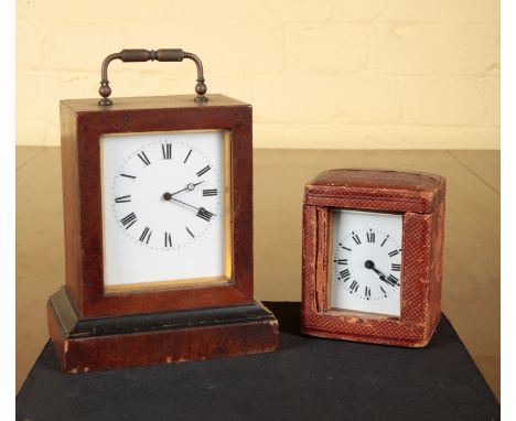 AN EDWARDIAN DESK CLOCK BY V. A. R. BREVETEin a mahogany case, 16cm high; together with a similar small carriage clock, in or