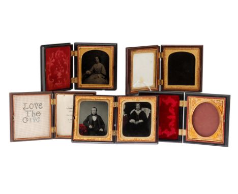 Ambrotypes Portraits and Empty Cases, 5 sixth plate union cases, one with double ambrotype of Lady and Gentleman, tinted, one