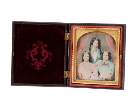 Daguerreotype, Half Portrait of 3 Young Ladies, Very beautiful sixth plate daguerreotype, in union case, beautifully coloured