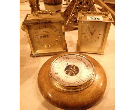 Two brass carriage clocks and a vintage barometer 