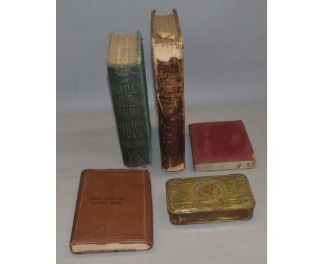 A WW1 1914 Princess Mary Christmas Tin together with 4 military relating books including "Battles of The British Army, Blackw