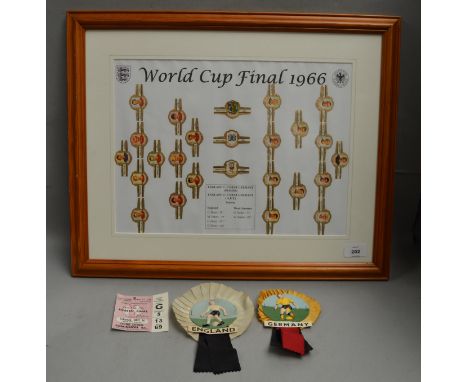 Framed and glazed set of 1966 World Cup final cigar labels together with two Rosettes and a ticket from the Eighth Final held