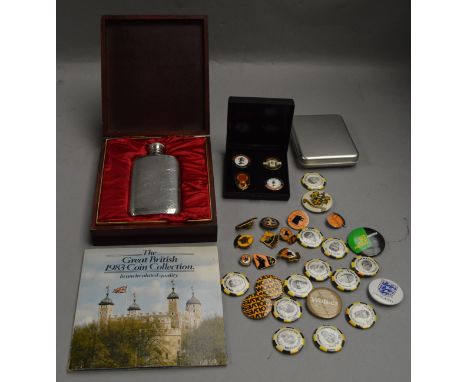 Mixed lot including Wolves FC badges including enamel examples, a coin set and a boxed Selangor hipflask
