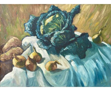 Bob VIGG (1932-2001)VegetablesOil on boardSigned45.5x61cmThere are a few signs of dust present in the centre of the painting 