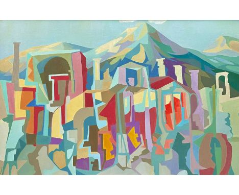 Joyce TURNER (1920-2020)PompeiiOil on boardSigned50 x 75cm Joyce Turner was an abstract artist who painted up until her death