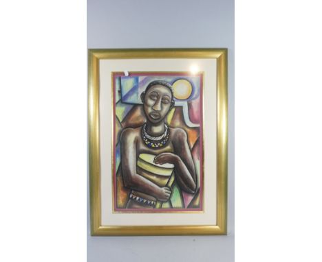 A Framed Baqwa Print Depicting African Musician with Drum, 58cm High