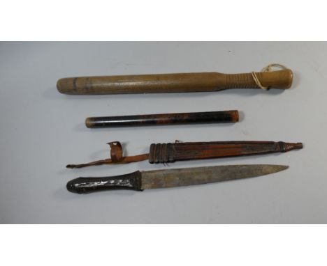 A Turned Truncheon, Silver Mounted Riding Whip, Leather Handled Dagger with Scabbard and a Cylindrical Rule