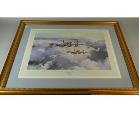 A Framed RAF Print, the Lancaster VC's by Robert Taylor, Signed by Norman Jackson V.C and Bill Reid V.C
