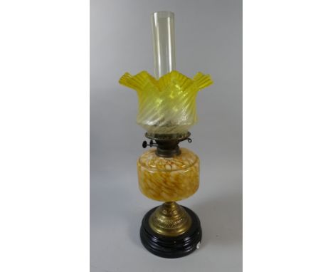 A Victorian Brass and Coloured Glass Oil Lamp with Etched Yellow Shade, 58cm High 