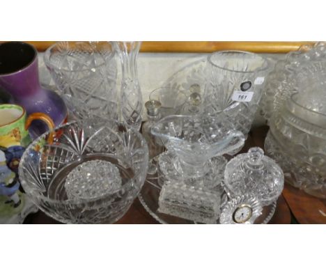 A Tray of Cut and Moulded Glassware to Include Vases, Bowls, Sauce Boat, Mantle Clock etc