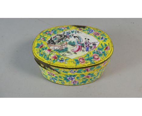 A Canton Enamelled Oval Box on Yellow Ground Depicting Figures in Garden Surrounded by Flowers, 13.5cm Long Some Loss to Enam