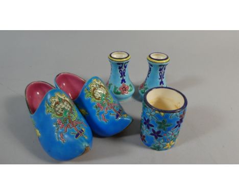 A Collection of Longwy Glazed Ceramics to Include Cylindrical Vase, Pair of Vase and Pair of Ceramic Slippers 