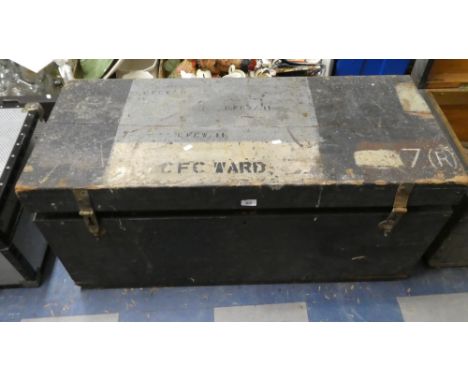 A Large Pine Box Containing Chimney Sweep Brush and Vintage Golf Bag, 110cm Long