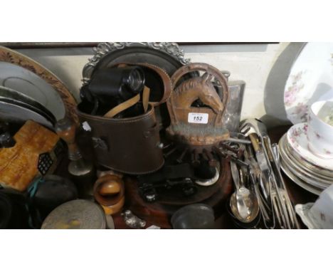 A Tray of Curios to Include Cased Pair of Binoculars, Turned Wooden Napkin Rings, Brass Hand Bell, Opera Glasses, Pewter Hip 